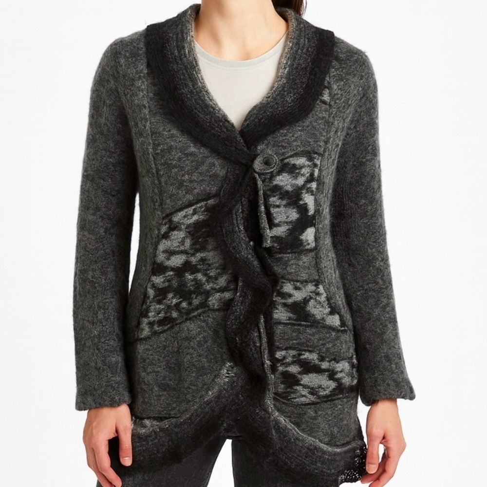 🆕 Marilu Cardigan Aritisan Hand Made Italy Wool Sweater Ruffle Waterfall Grey M